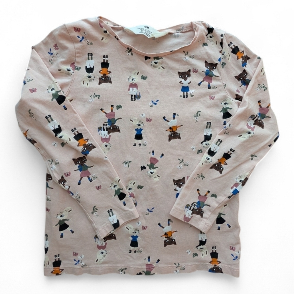 H&M Light Pink Long Sleeve Tee with Multicolor Cat Print Cotton Size 4-6